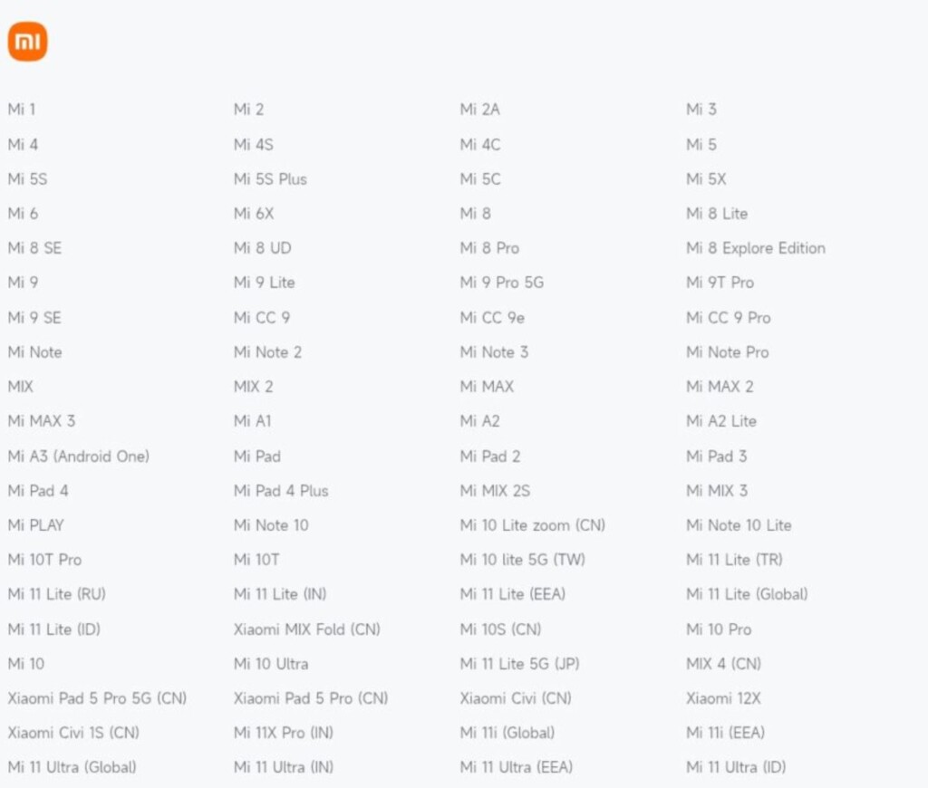 Xiaomi EOL lista