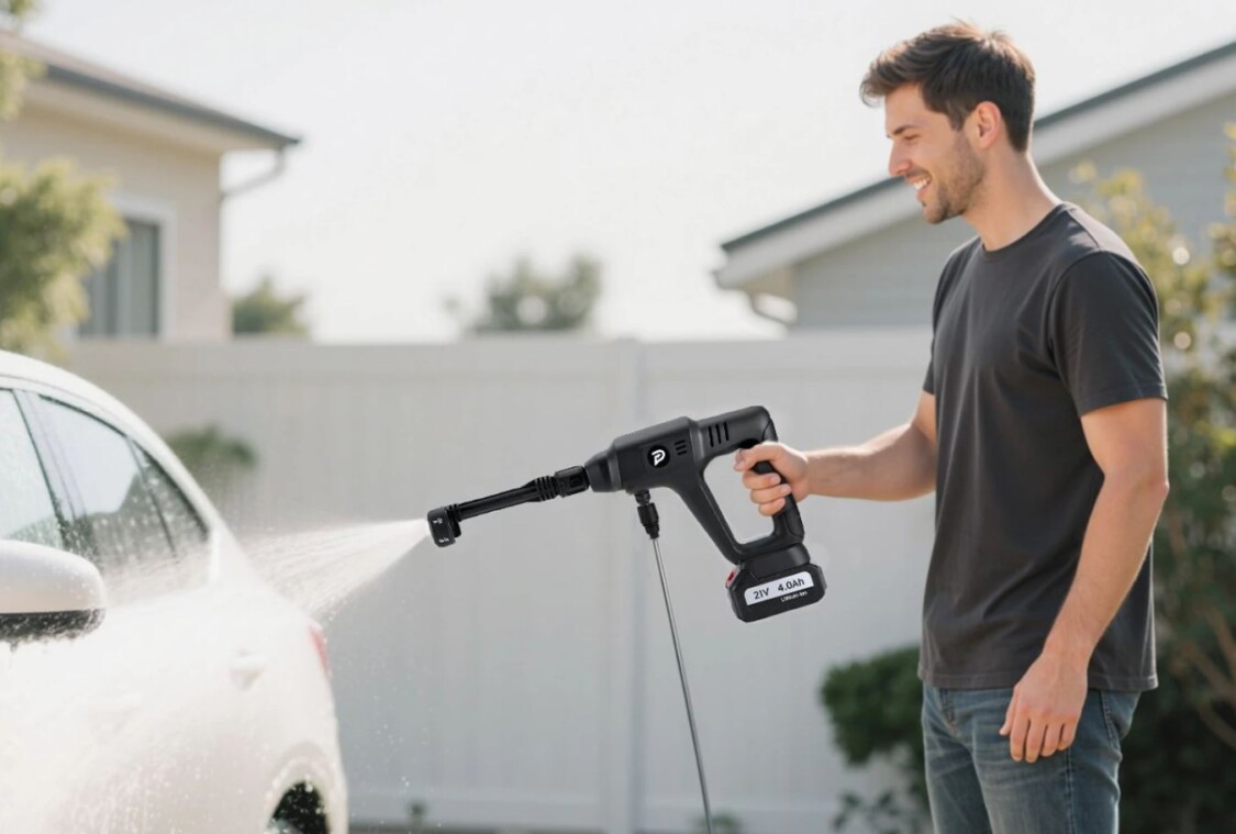 POPDEER PD-W01 akkumulátoros, nagynyomású mosó használat közben
