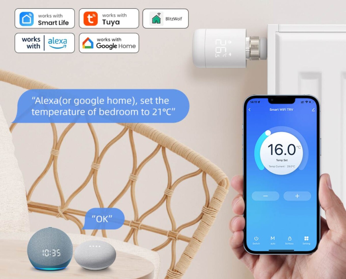 BlitzWolf BW-TRV16 radiátor okosító felszerelve hangvezérlés