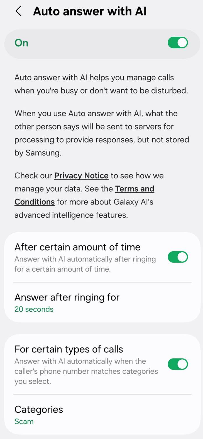 Samsung One UI 8.5 Auto answer with AI