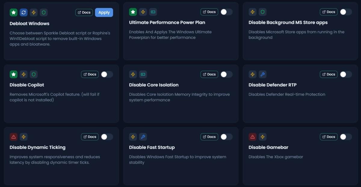 Sparkle teljesítmény beállítások