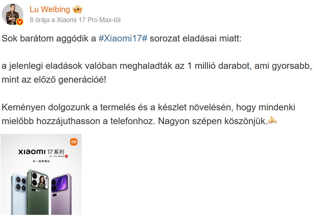 Xiaomi 17 eladások