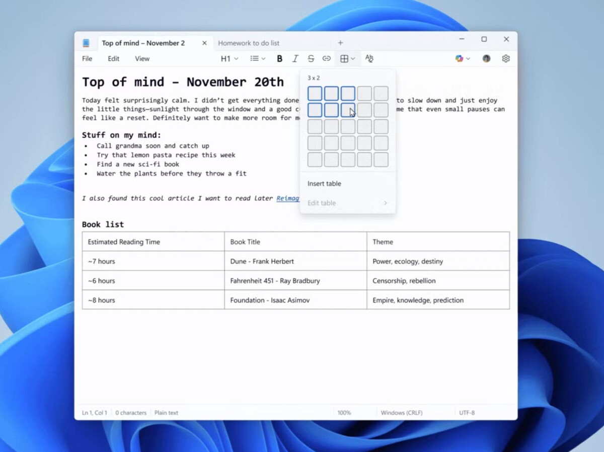 Windows Jegyzettömb táblázatok