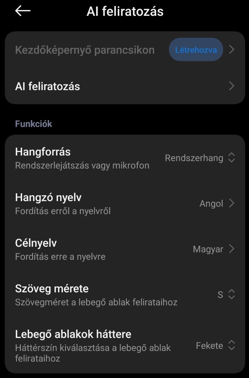 AI feliratozás beállítások