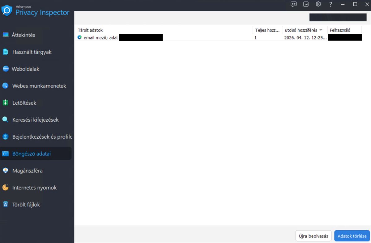 Ashampoo Privacy Inspector privát adatok