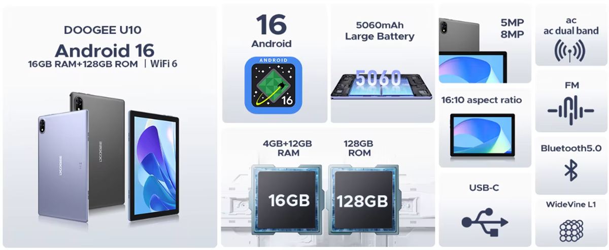 DOOGEE U10 Android 16 tablet