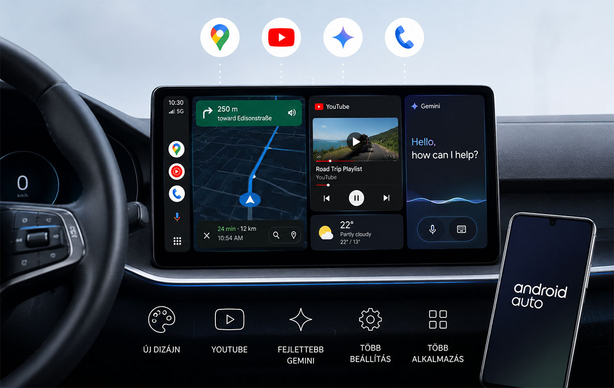 Az Android Auto évek óta nem kapott ekkora átalakítást: új dizájn, jön a YouTube, fejlettebb Gemini és sok más
