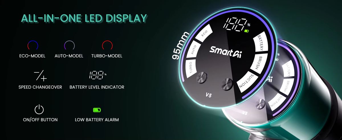 SmartAI V5 Pro vezetéknélküli porszívó kijelző