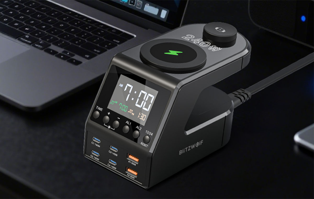 A Blitzwolf BW-FW10 ötletes töltőállomás: 6 USB, 140 W, ébresztőóra, vezetéknélküli töltés