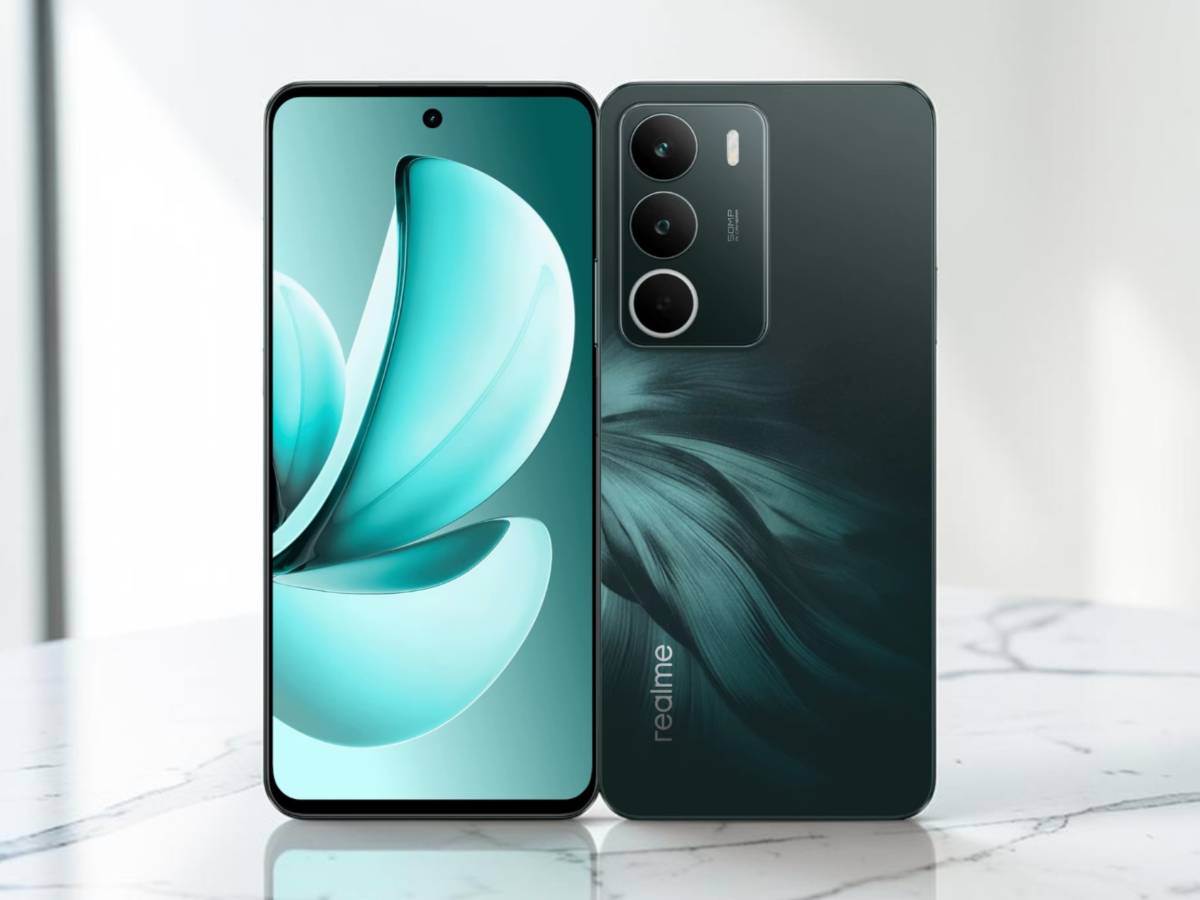 realme C71 zöld telefon egy márvány asztalon