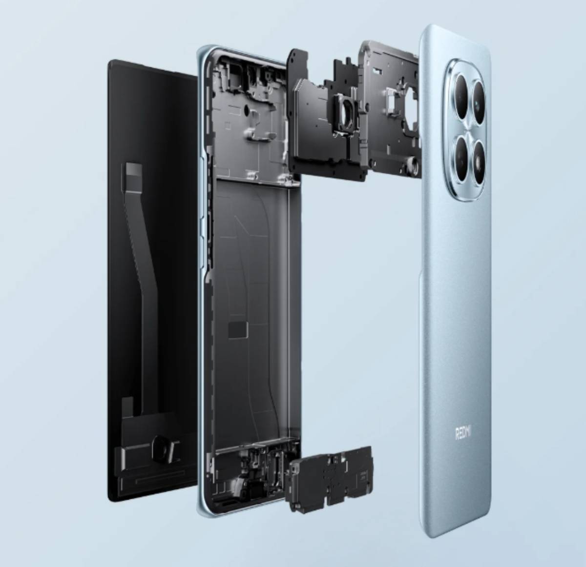 A Xiaomi Redmi Note 15 4G strapabíró szerkezetét mutatja be, a telefont elemeire szétszedve