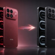 Piros REDMI telefon és fekete, POCO jelzésű változata, köztük az átalakulást jelző fénynyíllal