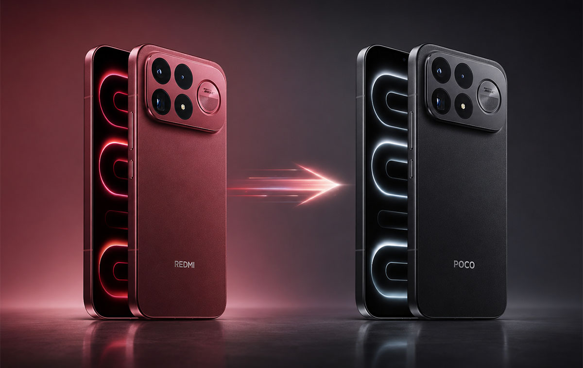 Piros REDMI telefon és fekete, POCO jelzésű változata, köztük az átalakulást jelző fénynyíllal