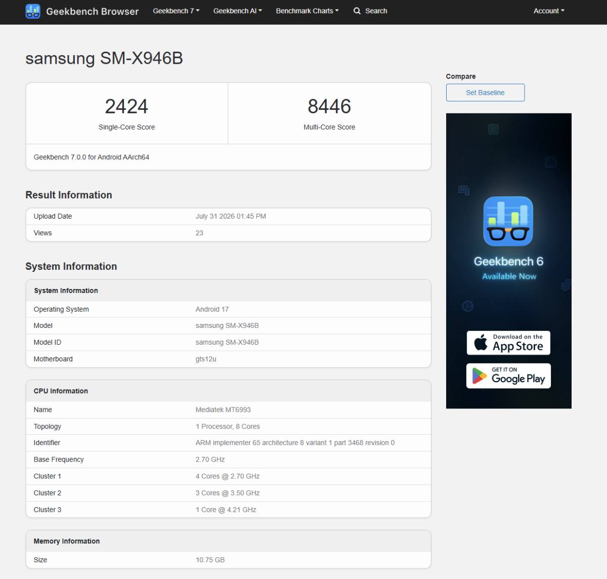 Samsung Galaxy Tab S12 Ultra Geekbench leak