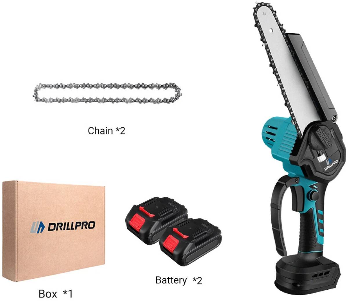 Drillpro akkumulátor láncfűrész csomag tartalma
