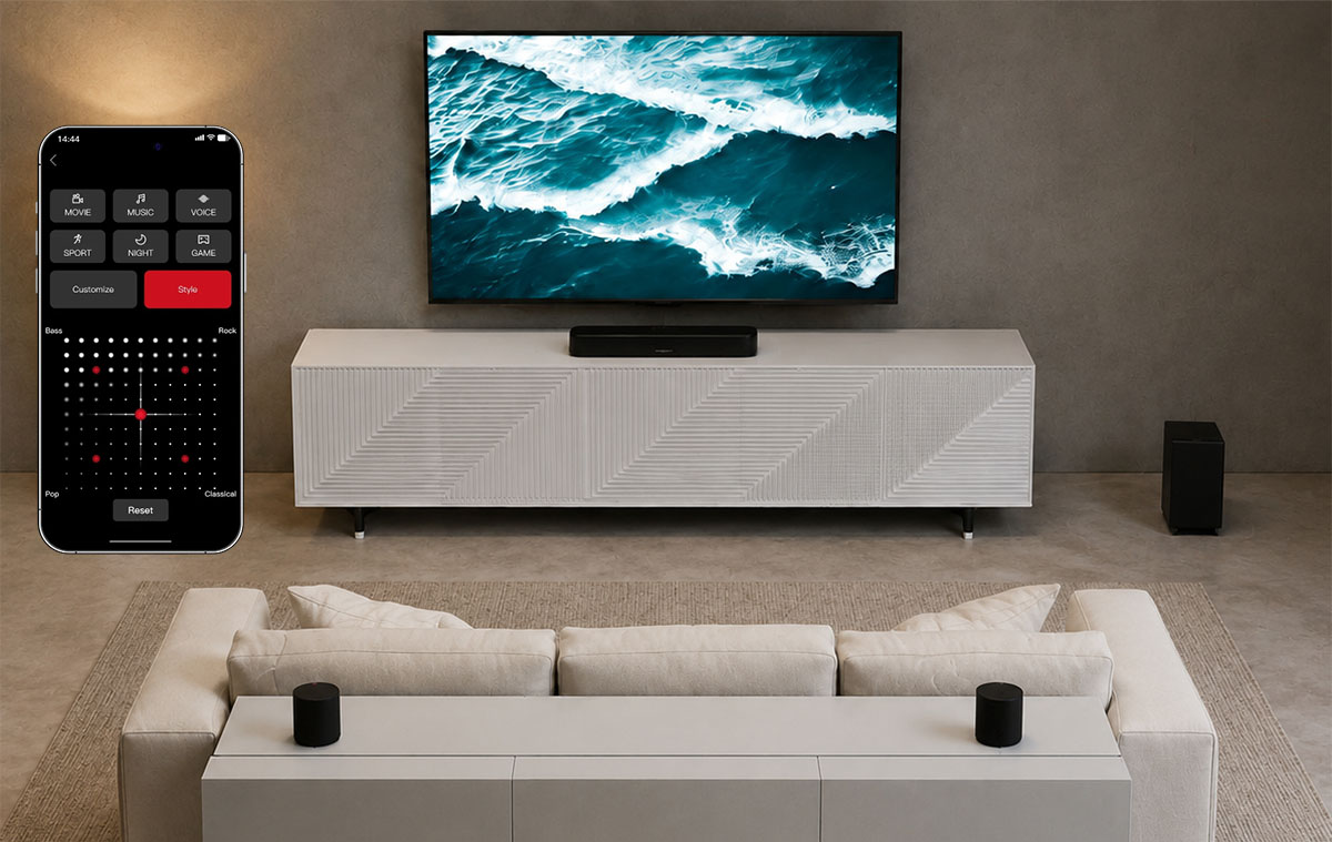 Soundbar, mélynyomó és két hátsó hangszóró TV-hez
