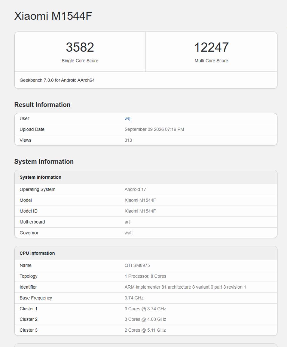Xiaomi 18 Pro Max Geekbench