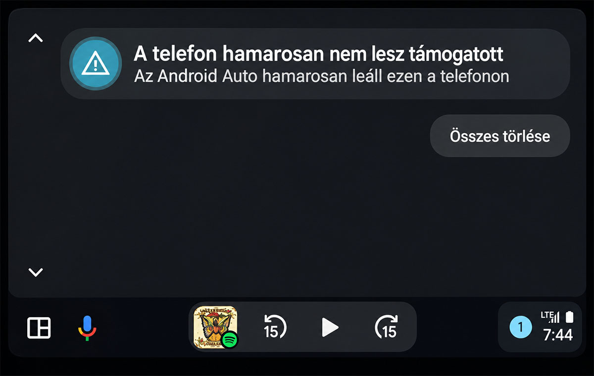 Android Auto működésének megszűnésére figyelmeztető üzenet